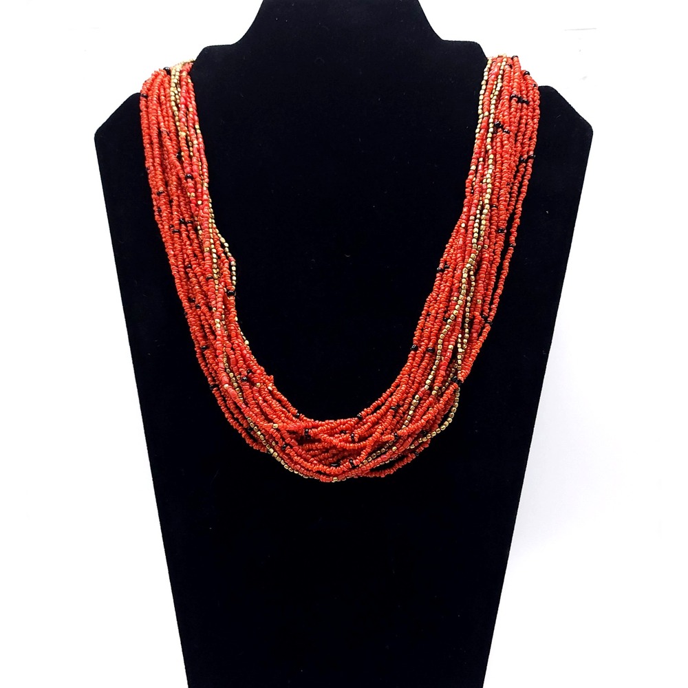 Orange Multi Strand Seed Bead Necklace Black Gold Statement Boho